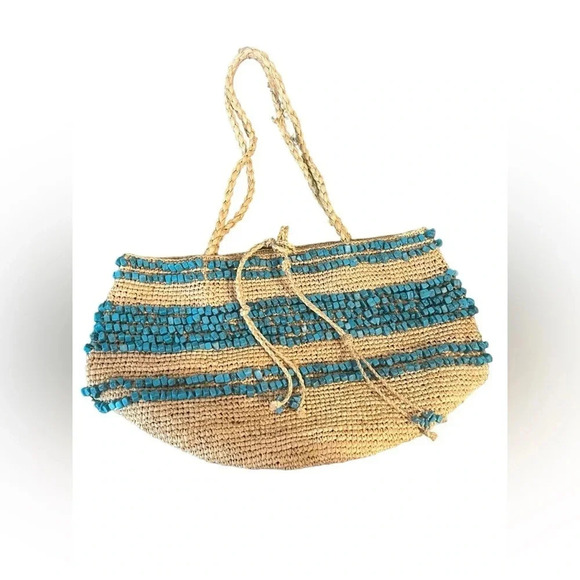 J. Crew Woven Straw Turquoise Stone Detail Tote Bag - Picture 4 of 6